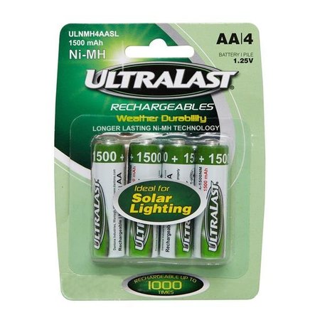 ULTRALAST Ultralast 3002915 1.2V NiMH AA Solar Rechargeable Battery; ULNMH4AASL - Pack of 4 3002915